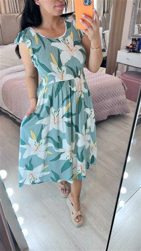 Wren Sage Floral Print Shirred Dress