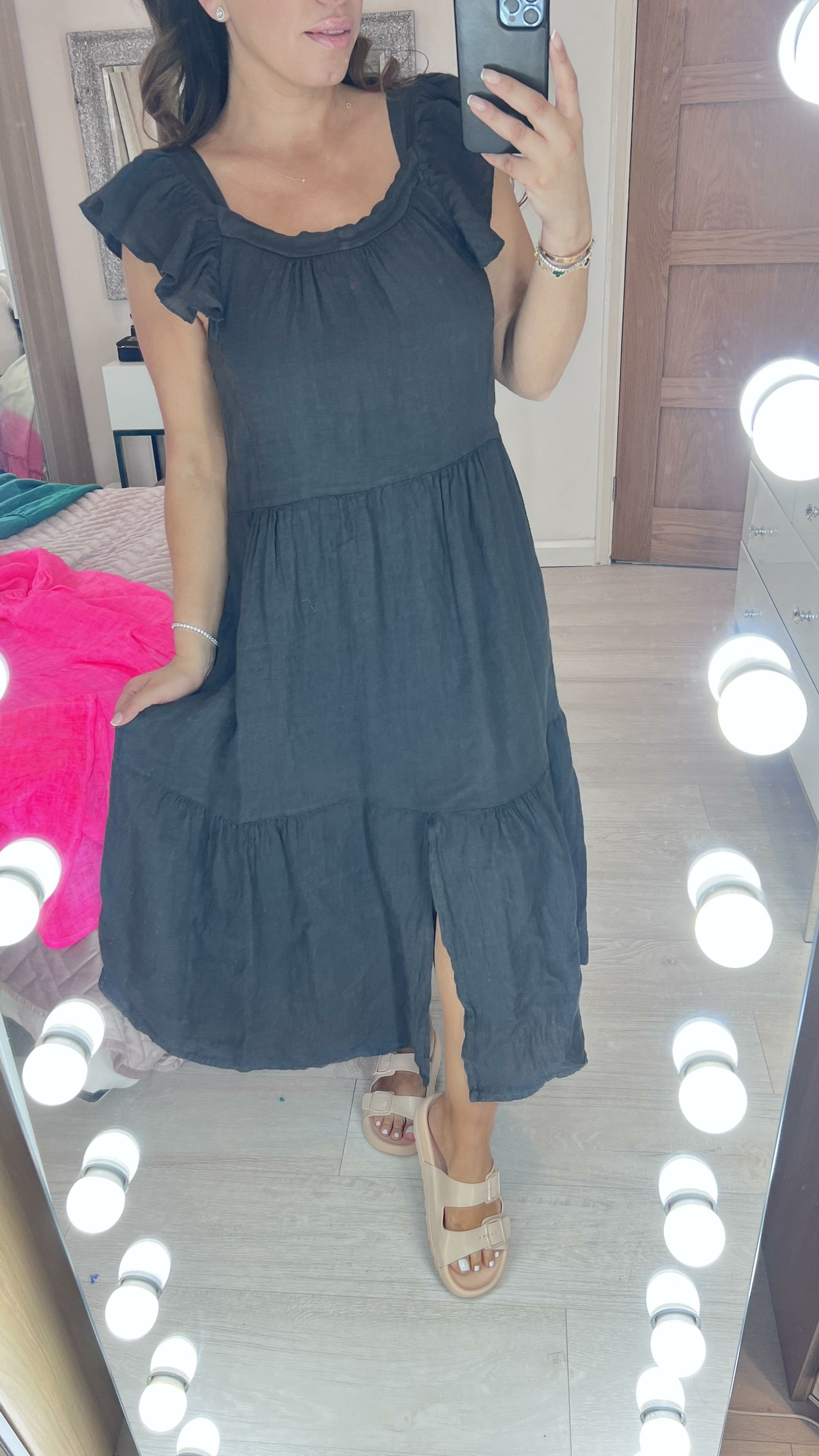 Xana Ruffle Sleeve Tiered Linen Dress