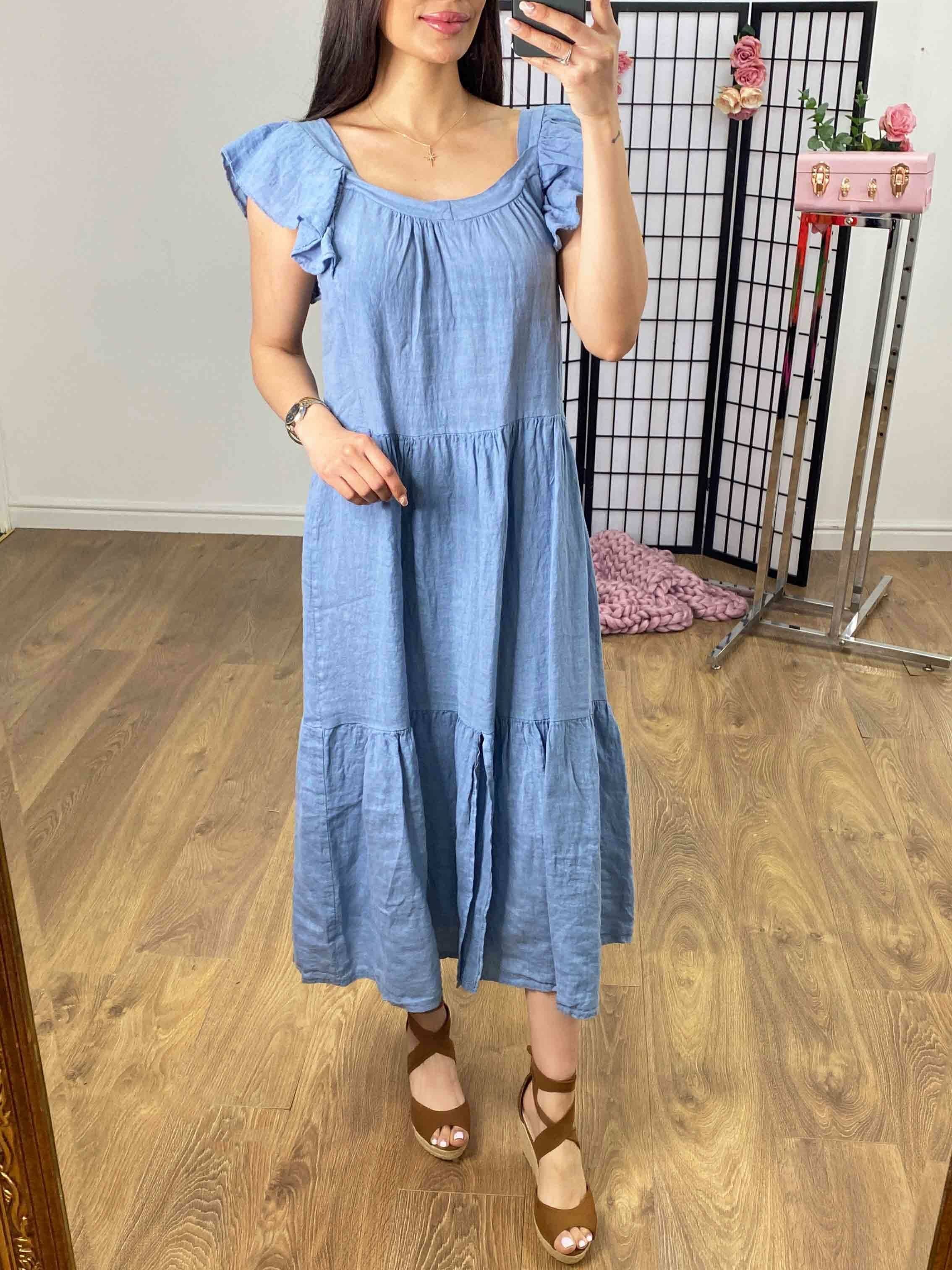 Xana Ruffle Sleeve Tiered Linen Dress