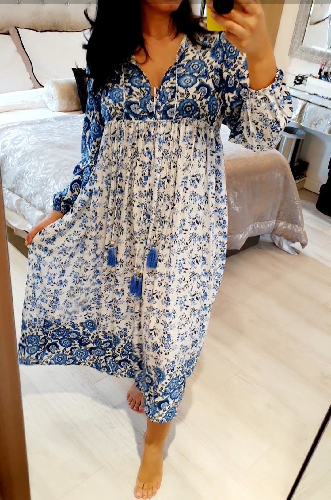 Zacky Tassel Floral Navy Blue Printed Floaty Midi Dress