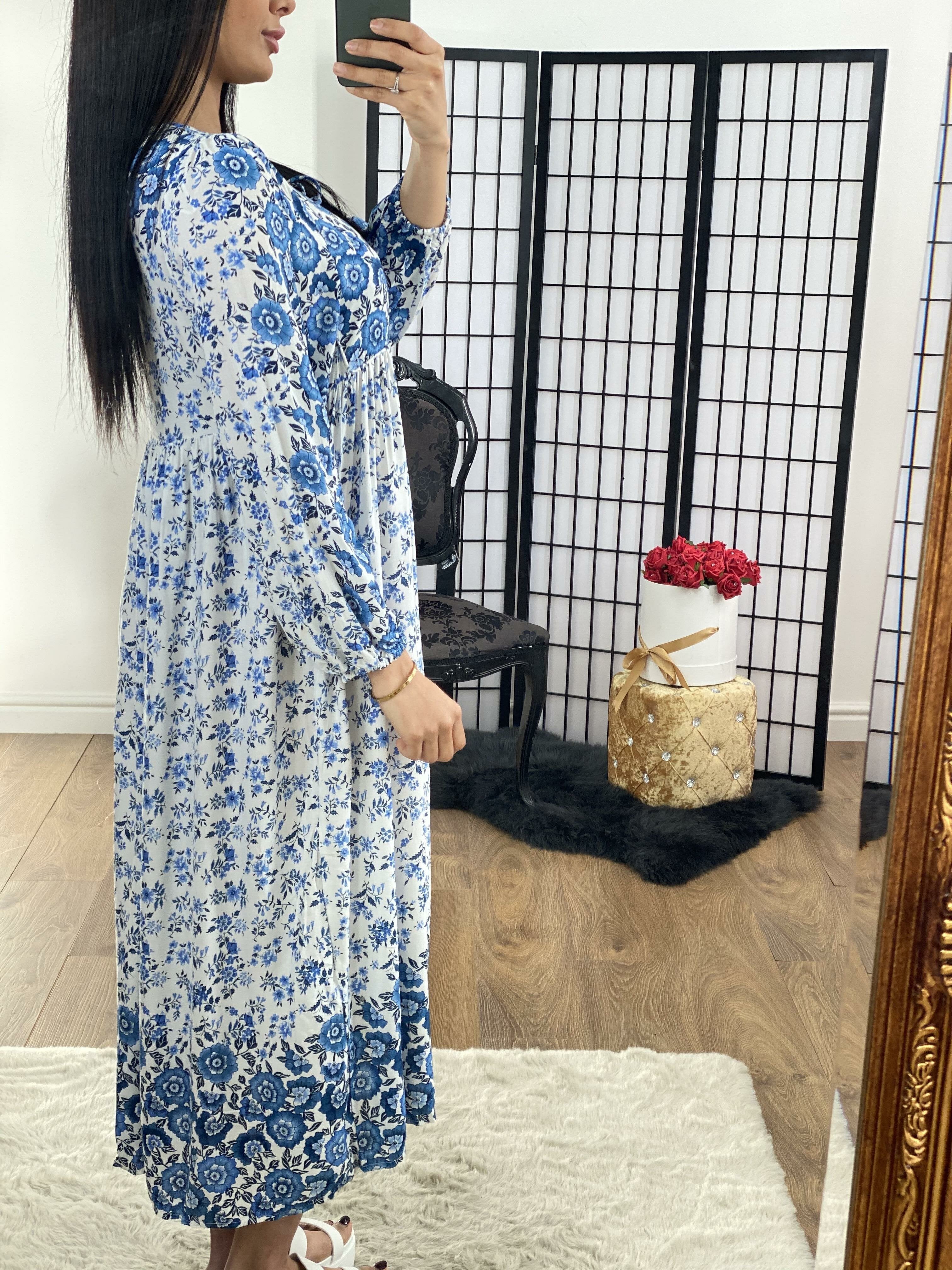 Zacky Tassel Floral Navy Blue Printed Floaty Midi Dress