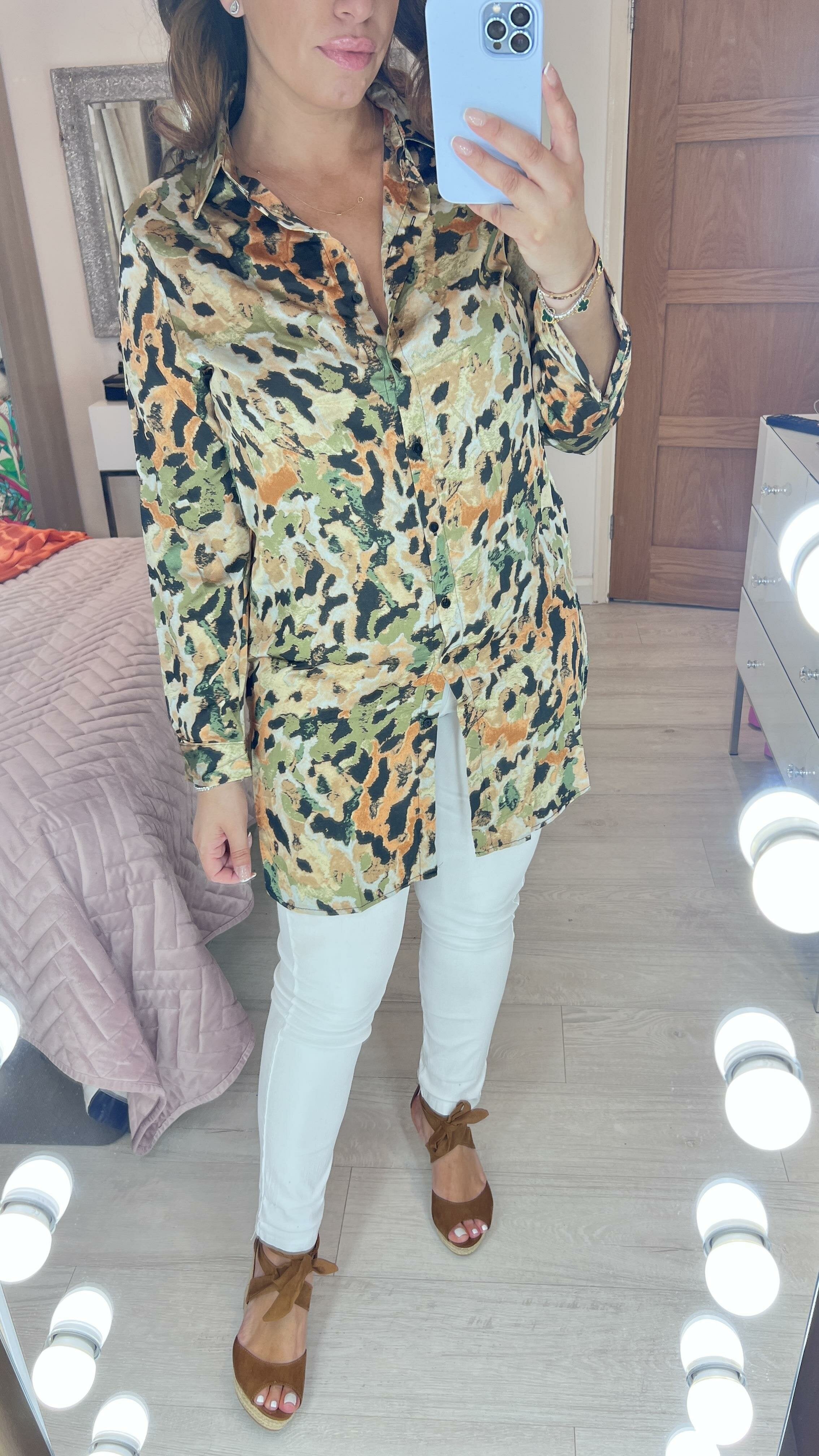 Zandra Satin Smudge Print Shirt Tunic