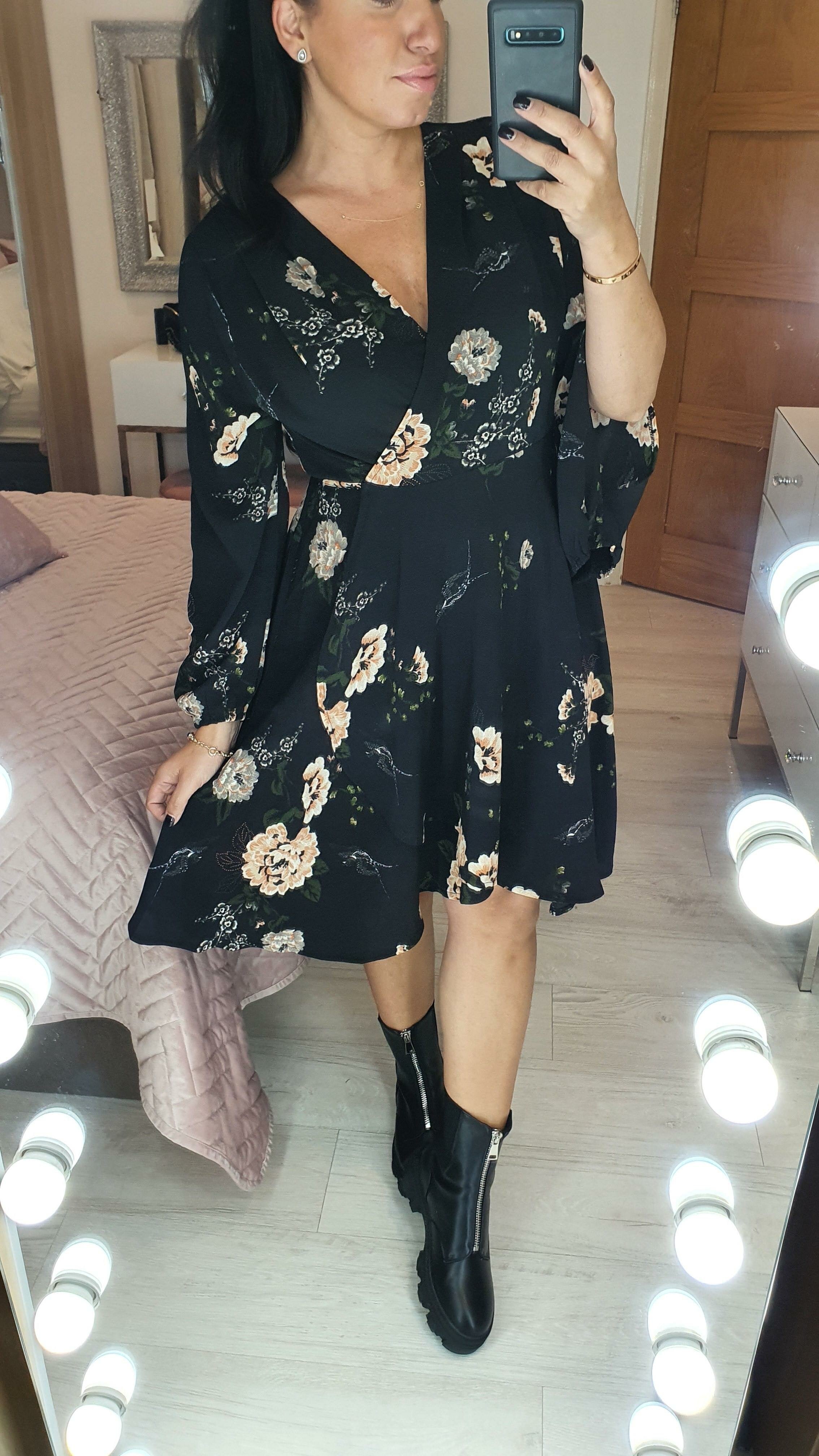 Zarissa Floral Print Frill Dipped Hem Wrap Tie Dress