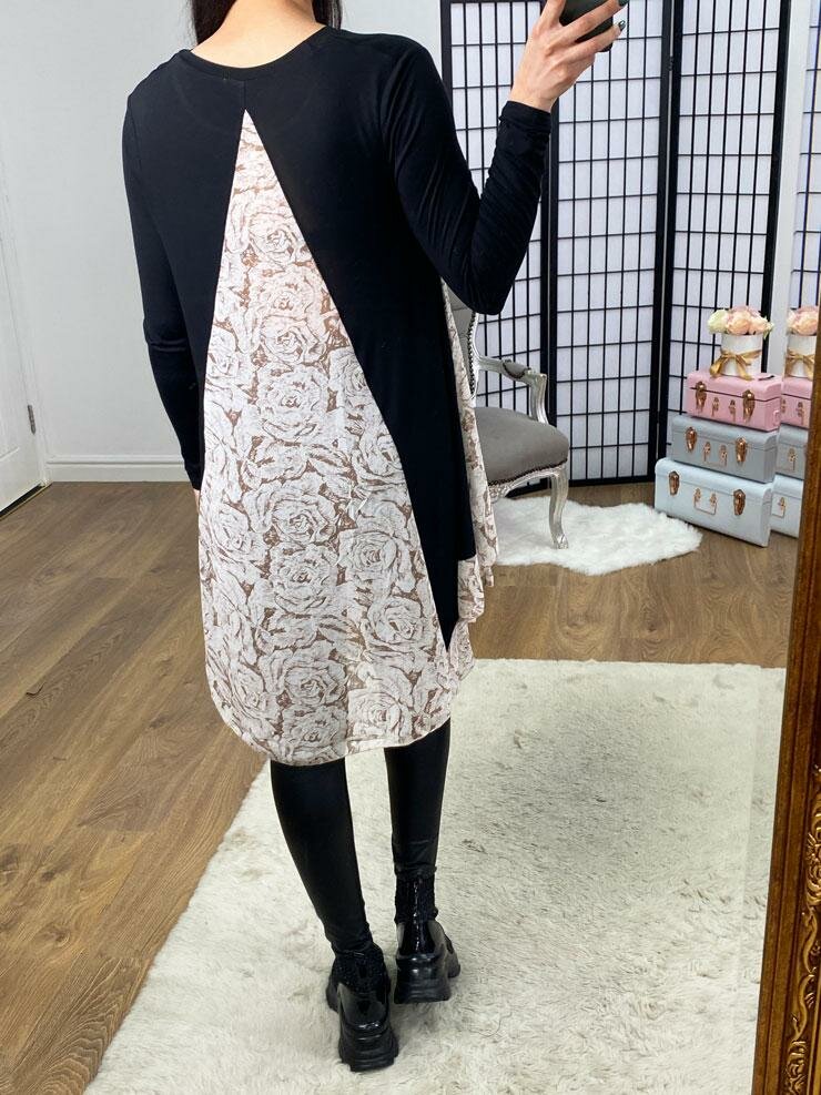 Zayn Rose Print Chiffon Back Detailed Dip Hem Top