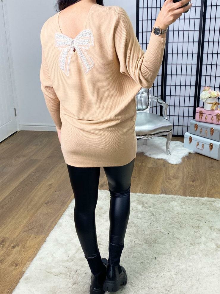 Zena Pearl Bead Sequin Bow Back Detailed Ribbed Batwing Jumper