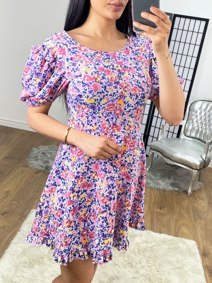 Zionna Lilac Floral Print Ruffle Hem Detailed Mini Dress