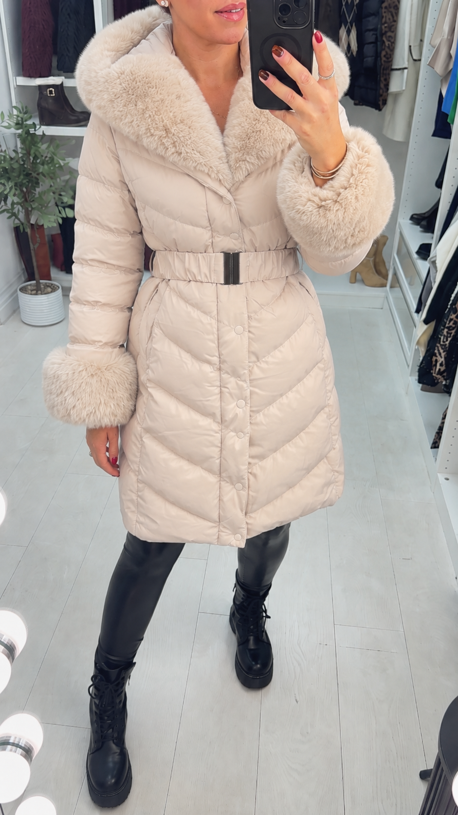 Kiara Faux Fur Hooded & Belted Padded Coat