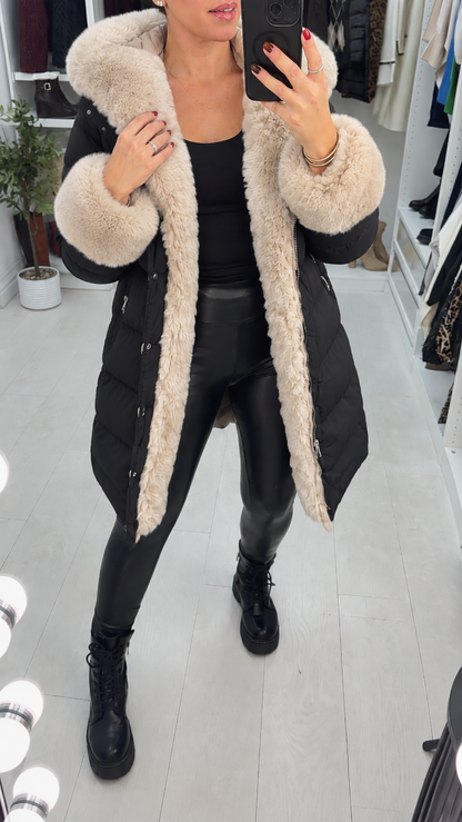 Kiara Faux Fur Hooded & Belted Padded Coat