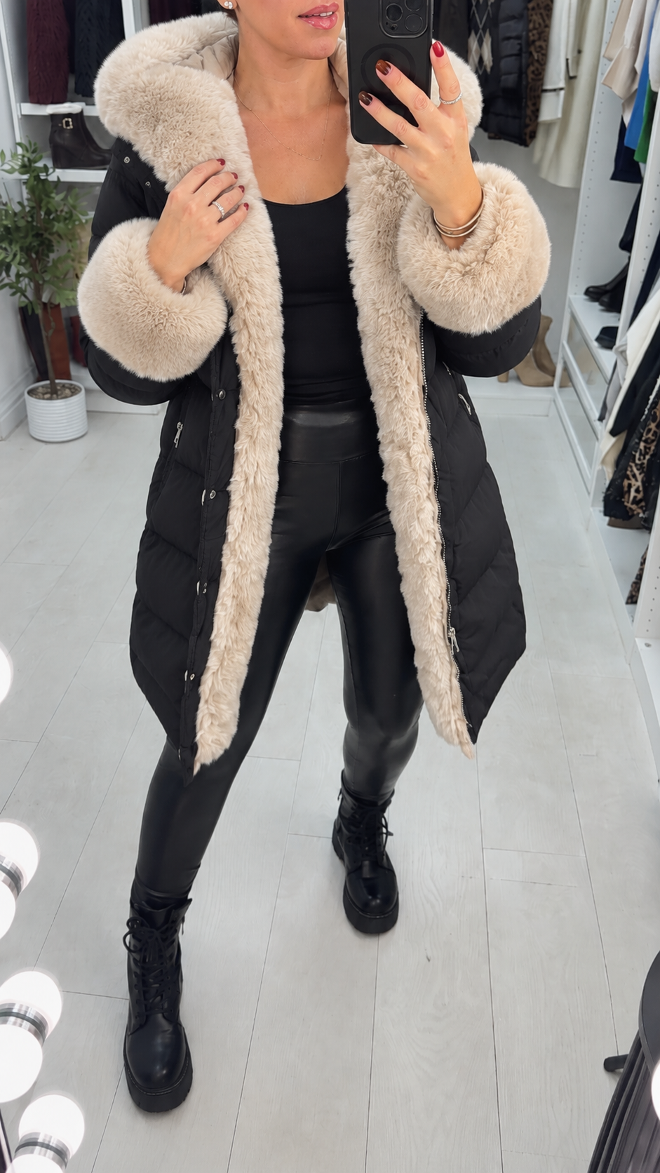 Kiara Faux Fur Hooded & Belted Padded Coat
