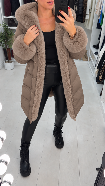 Kiara Faux Fur Hooded & Belted Padded Coat
