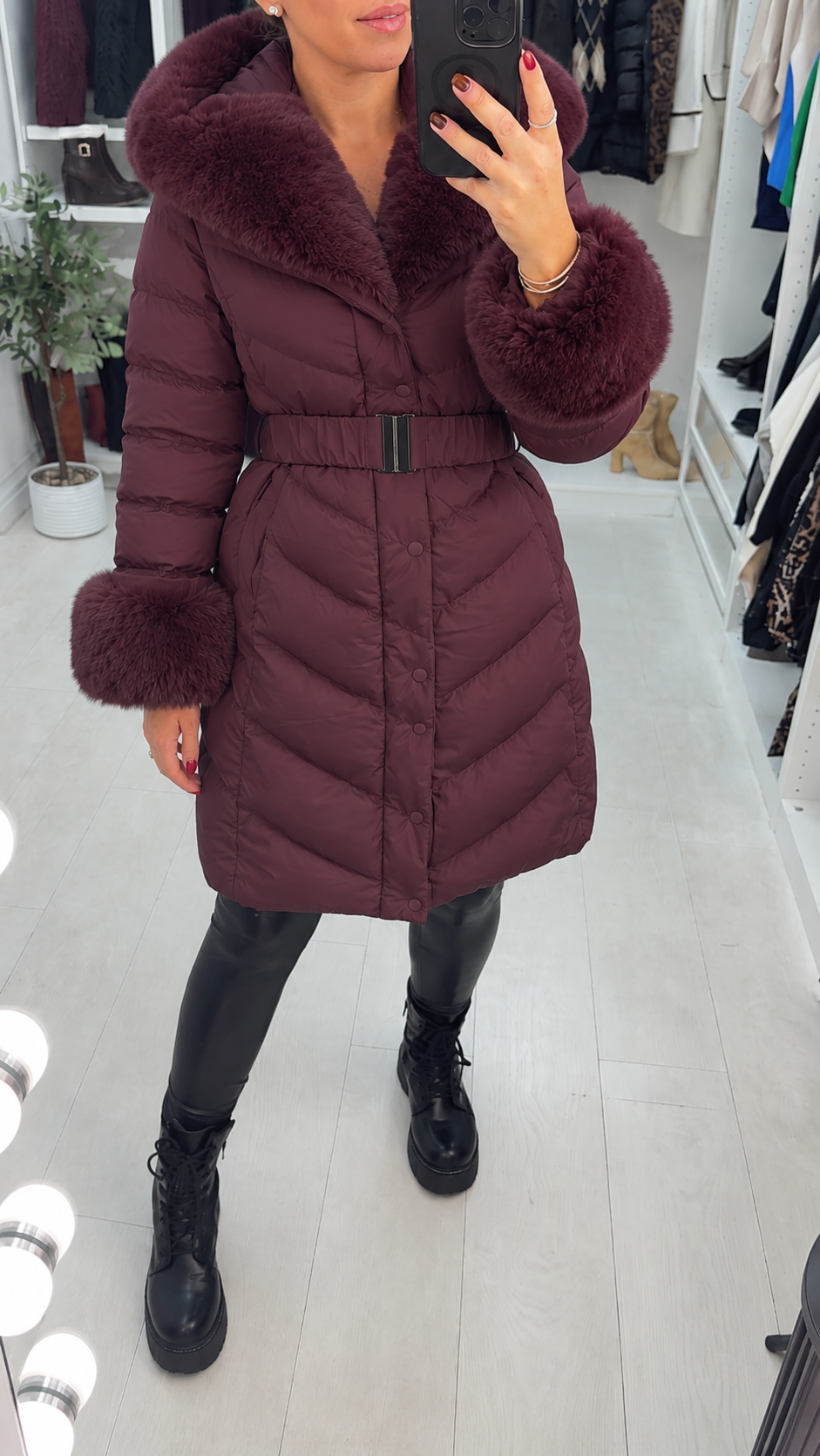 Kiara Faux Fur Hooded & Belted Padded Coat