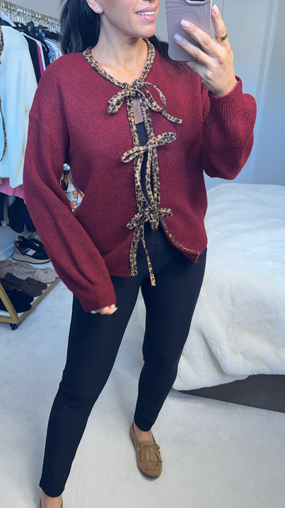 Juni Leopard Print Trim Tie Front Jumper