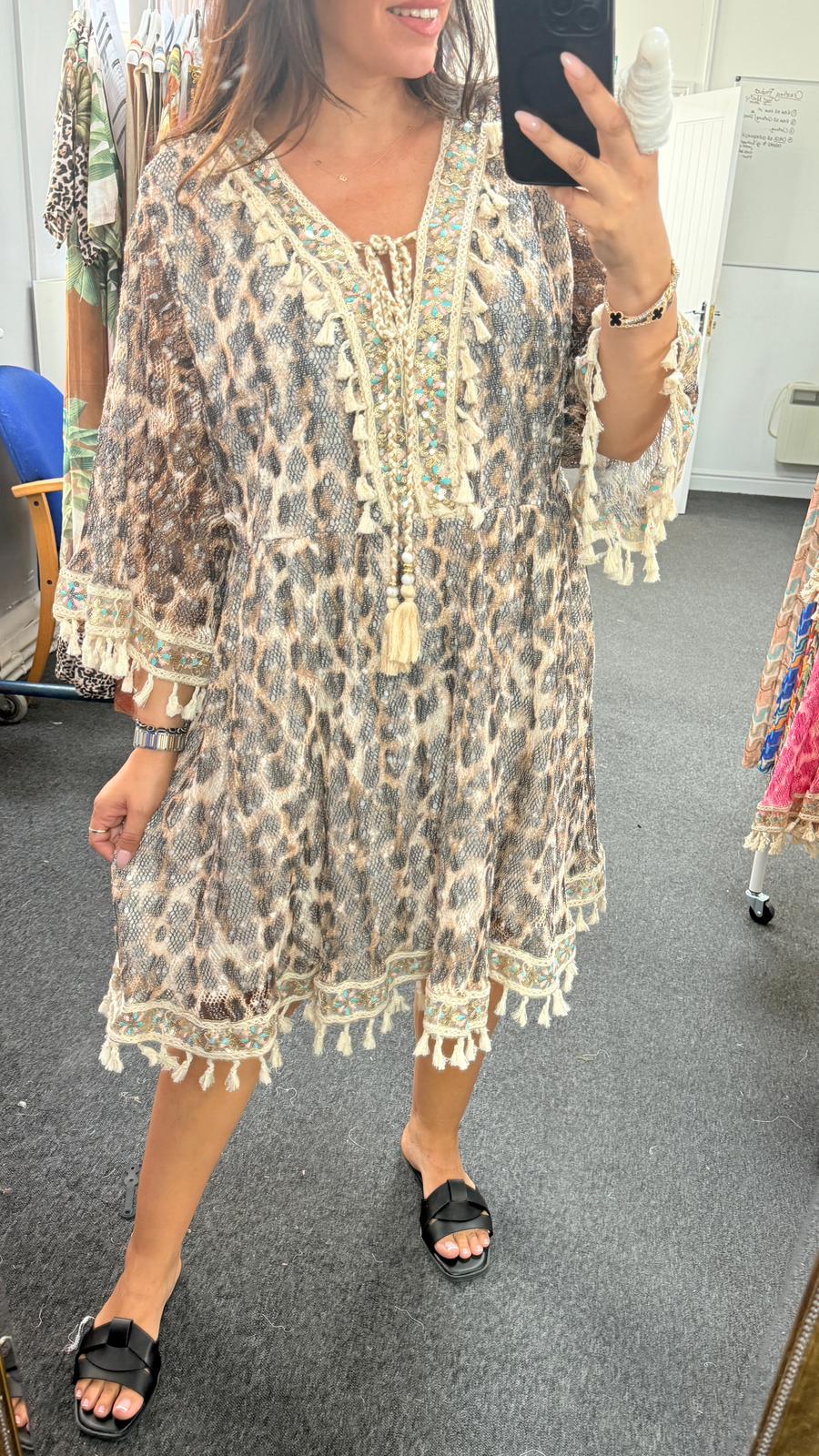 Konnie Embellished Tassel Detail V Neck Midi Dress