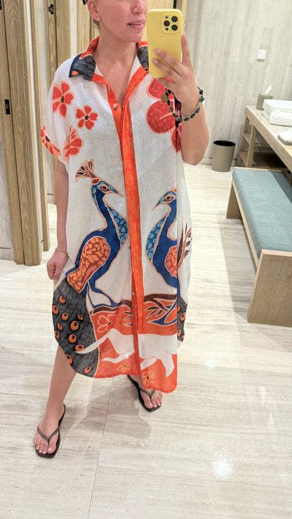 Marisol Peacock Print Loose Fit Shirt Dress