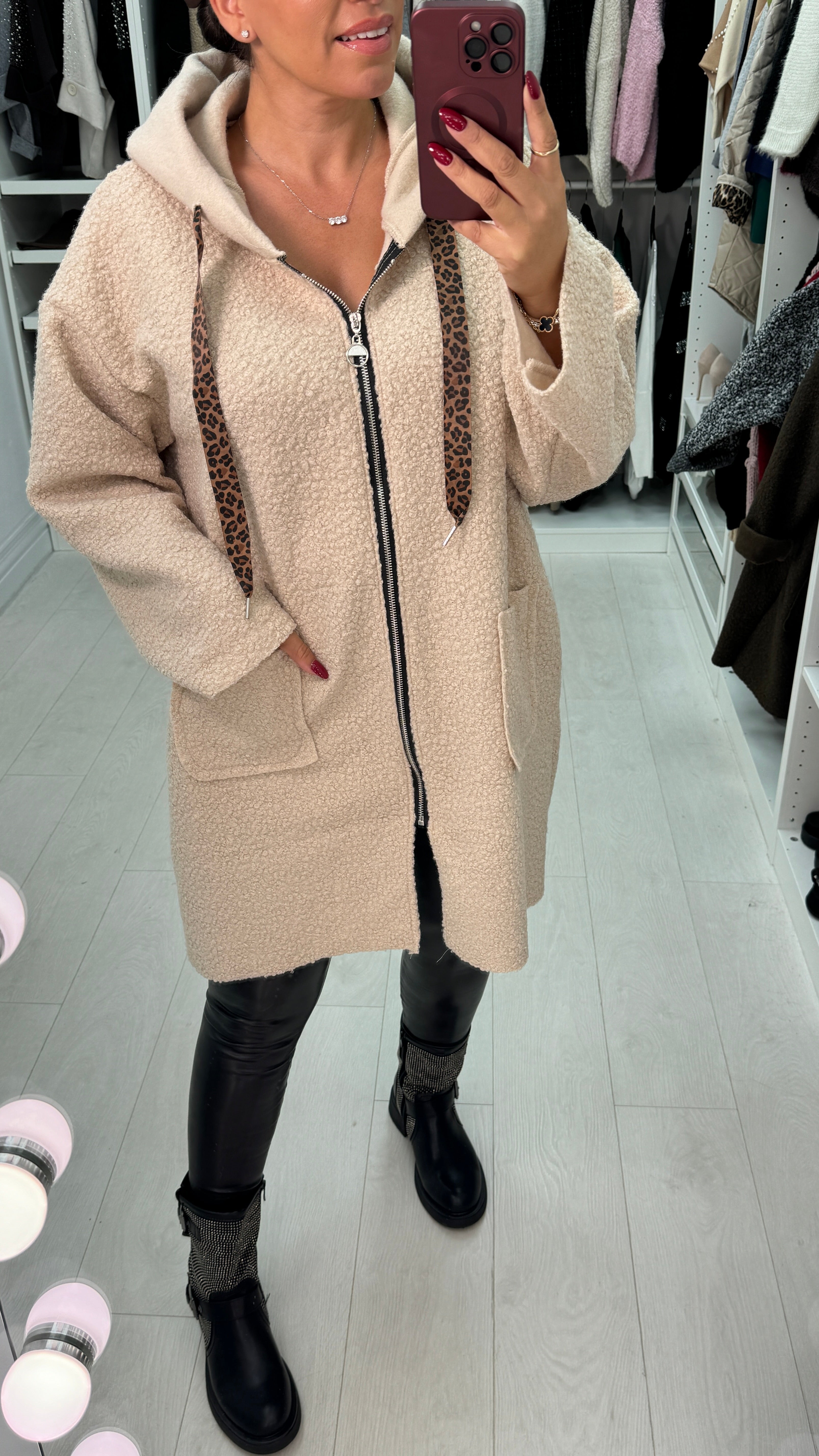 Lindsey Boucle Hooded Leopard Detail Jacket