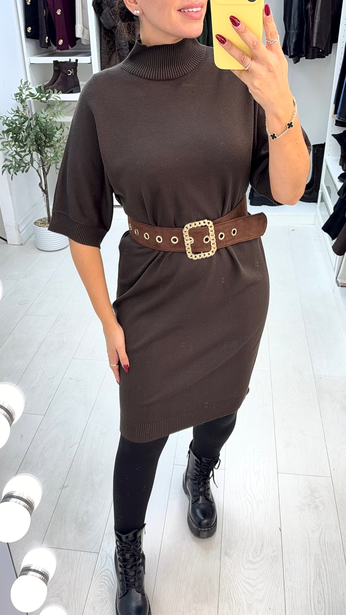 Katherine Plain High Neck Belted Jumper Dress