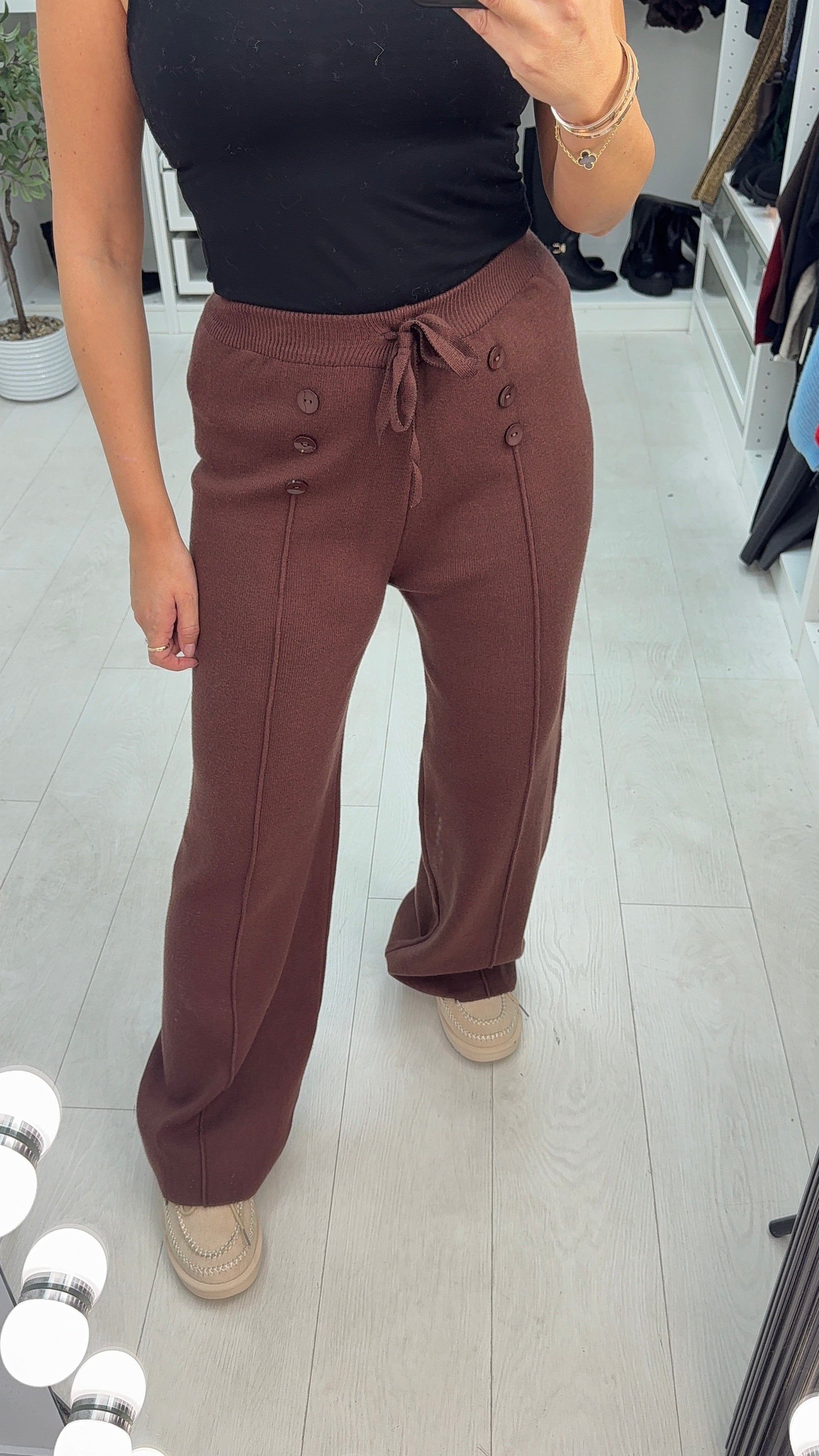 Vivy Plain Button Detail Knitted Straight Leg Trousers