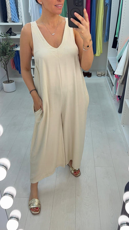 Chantel Plain Crepe Sleeveless Wide Leg Jumpsuit