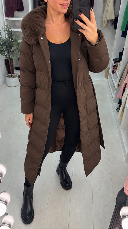 Billie Faux Fur Hooded Belted Longline Coat