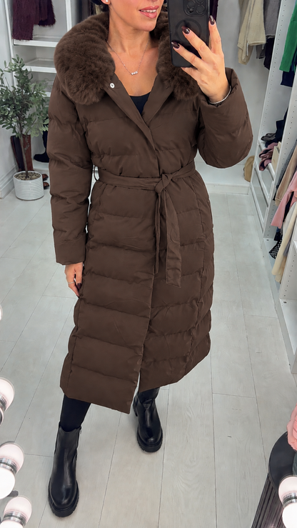 Billie Faux Fur Hooded Belted Longline Coat