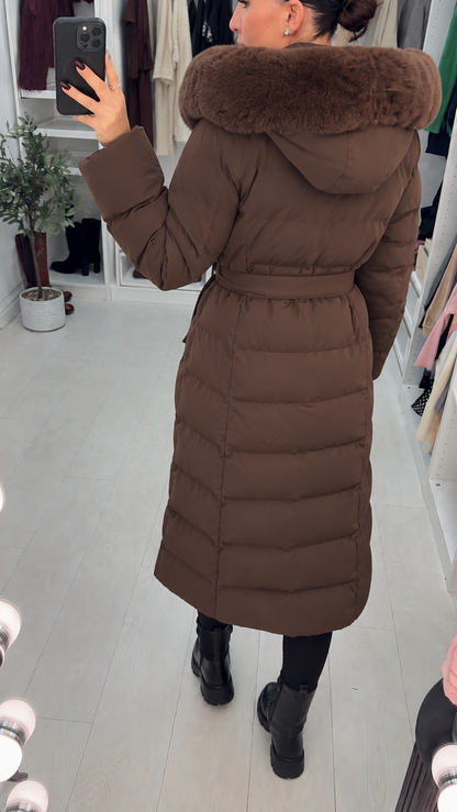 Billie Faux Fur Hooded Belted Longline Coat