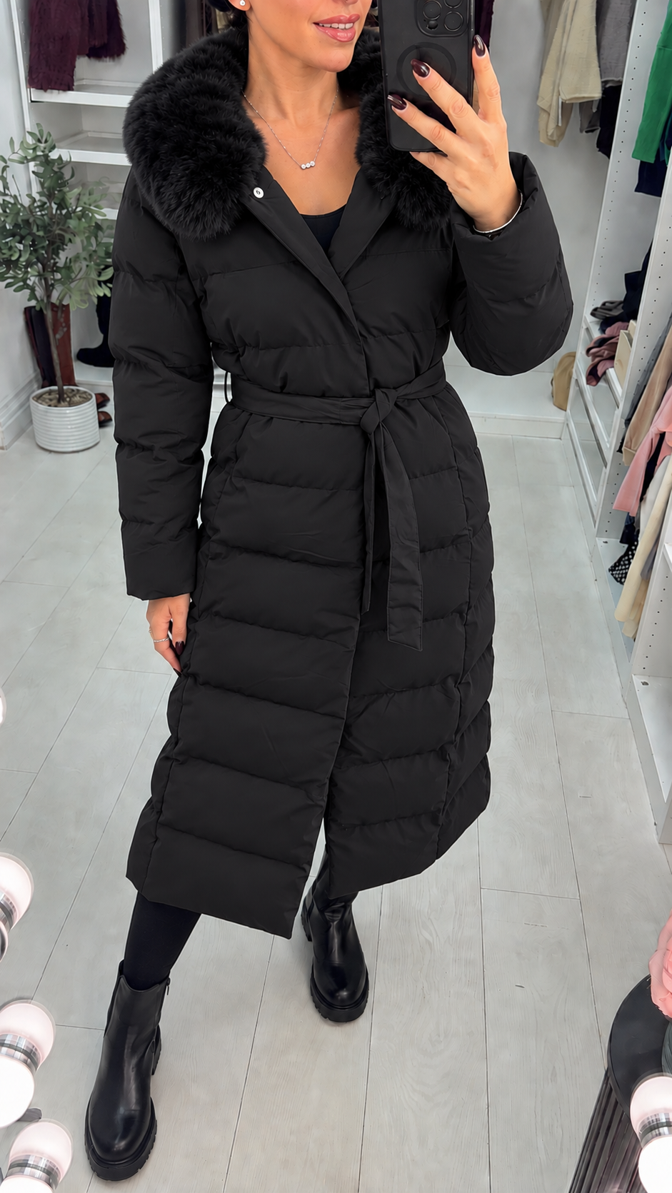 Billie Faux Fur Hooded Belted Longline Coat