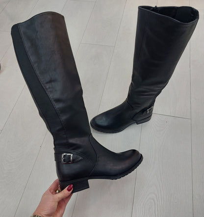 Franko Black Buckle Detail Knee High Boots