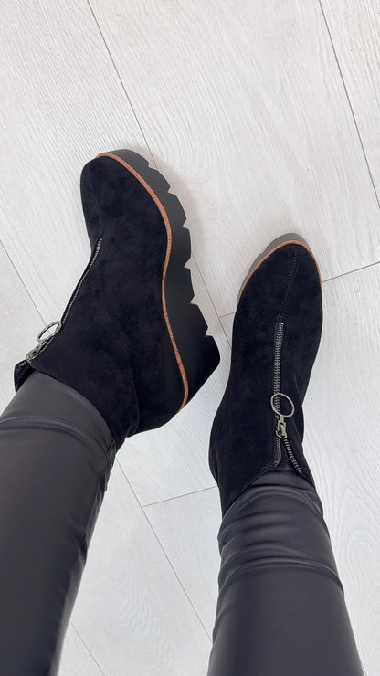 Jazmina Faux Suede Zip Front Wedge Boots