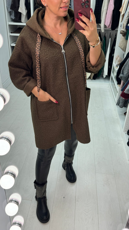 Lindsey Boucle Hooded Leopard Detail Jacket