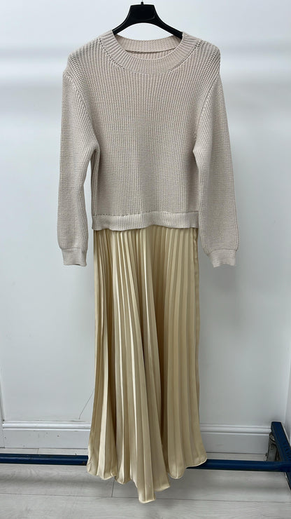 Elise Plain 2-In-1 Knitted Top Silk Pleated Dress