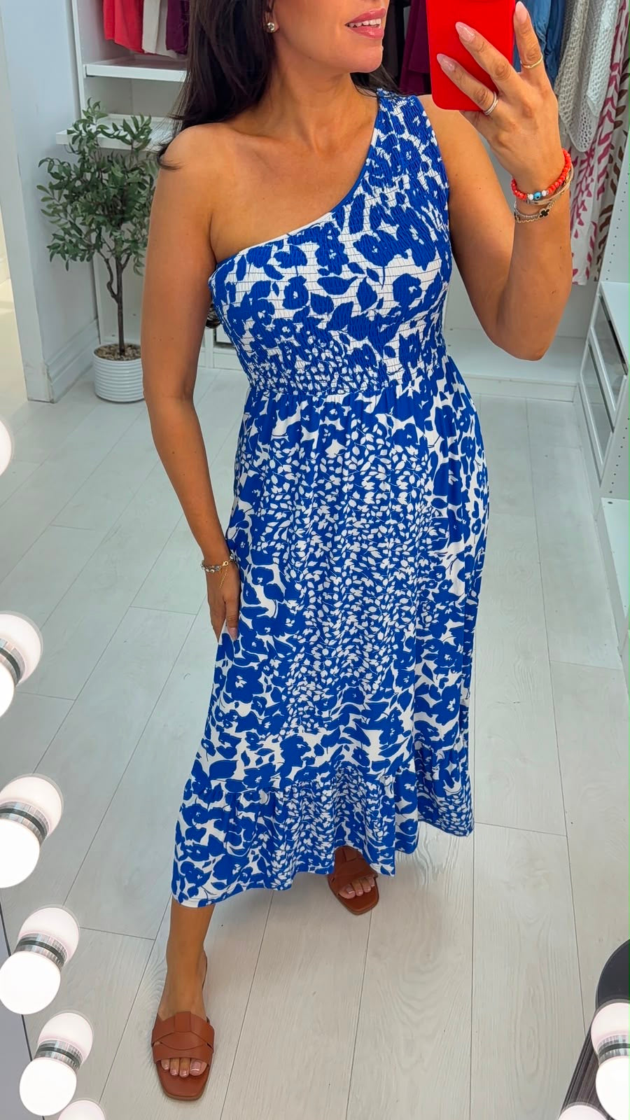 Candie Floral Print Shirred Bust One Shoulder Dress