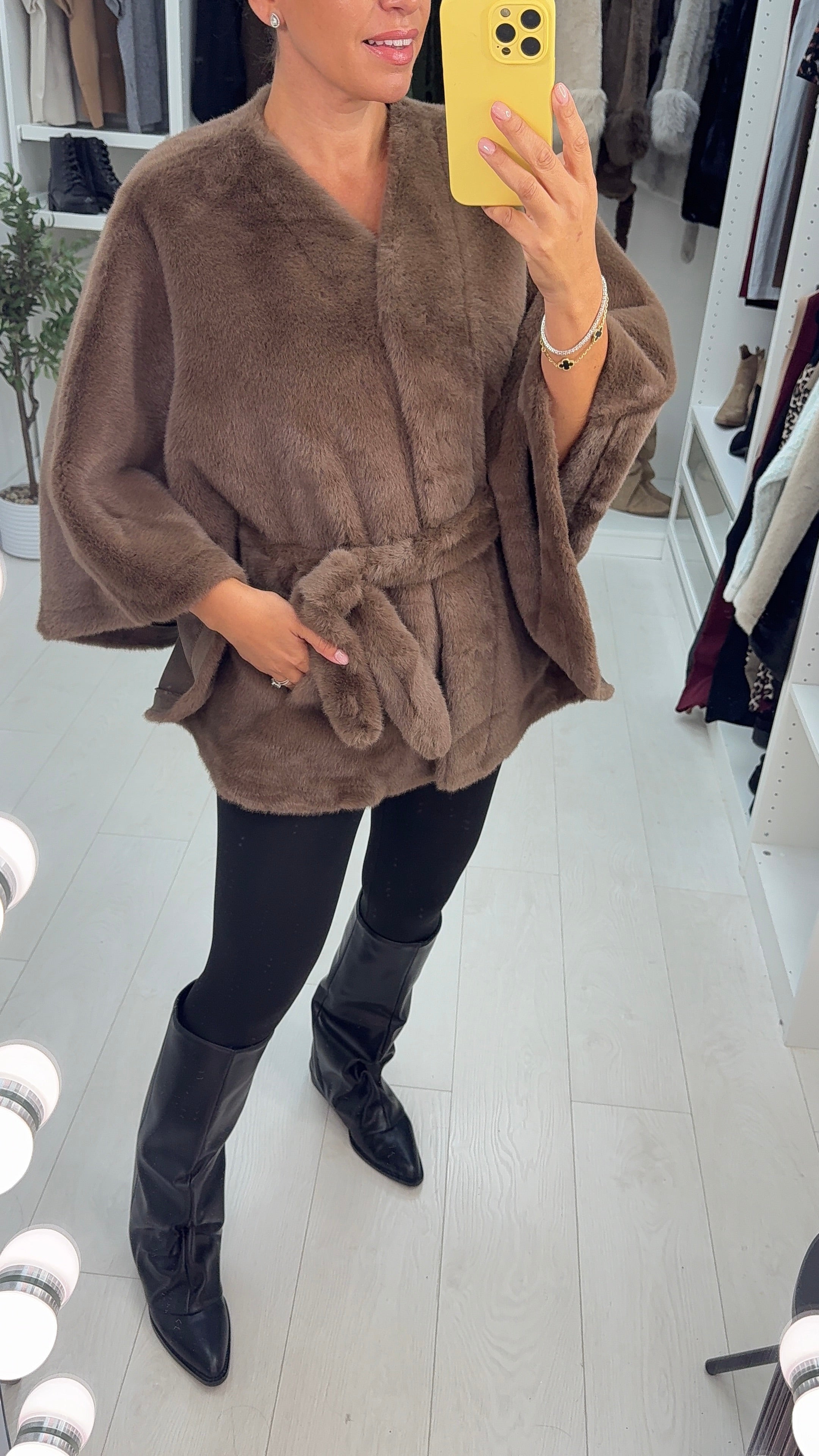 Benicia Faux Fur Belted Poncho Jacket