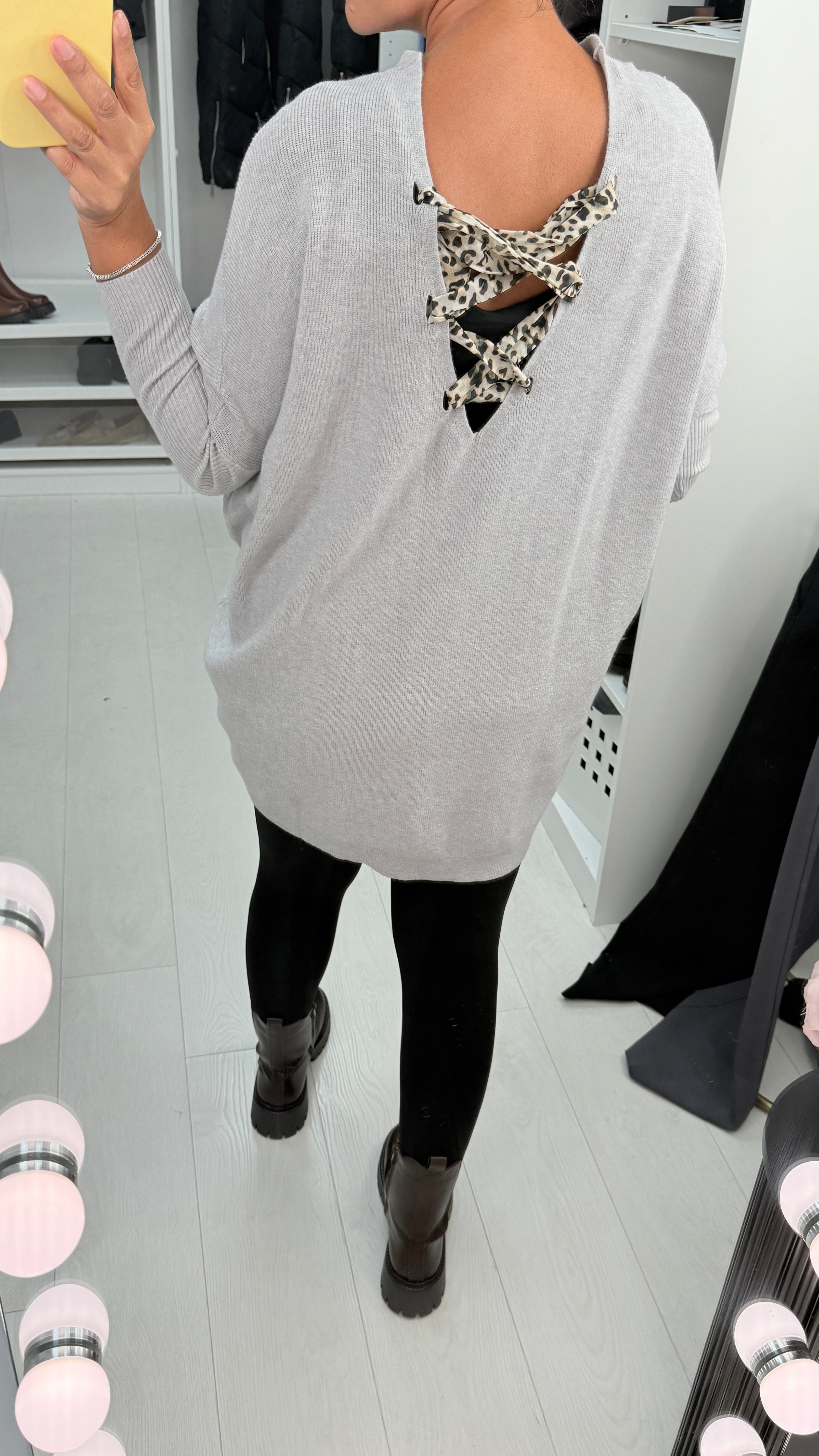 Tuscany Leopard Tie Bow Back Batwing Knitted Jumper