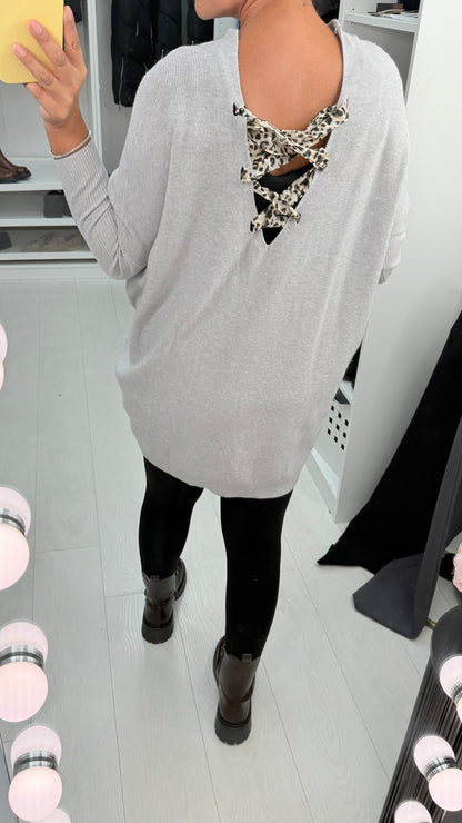 Tuscany Leopard Tie Bow Back Batwing Knitted Jumper