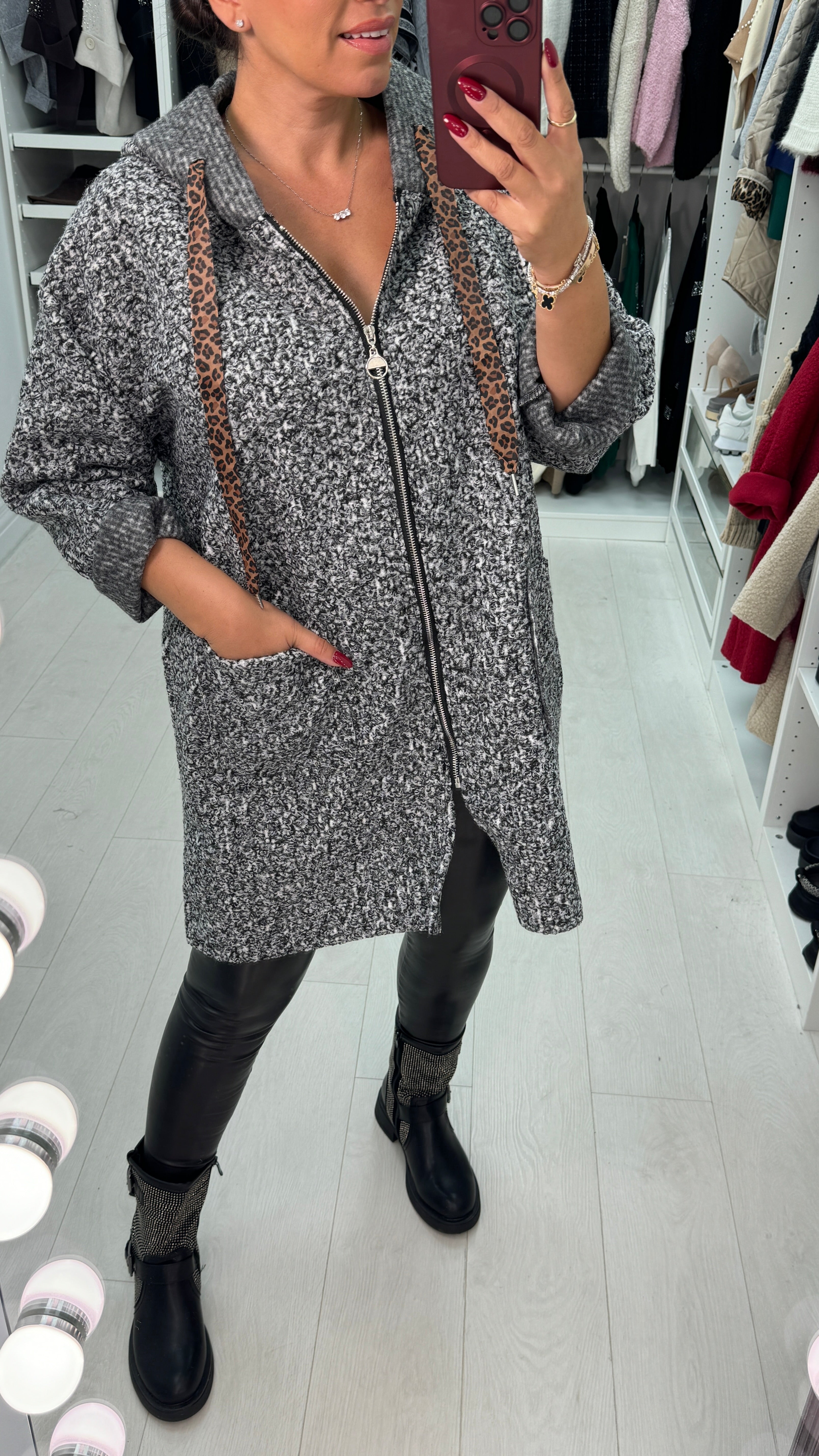 Lindsey Boucle Hooded Leopard Detail Jacket