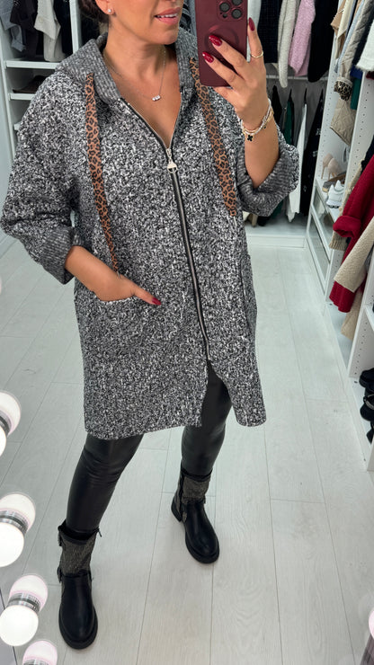 Lindsey Boucle Hooded Leopard Detail Jacket