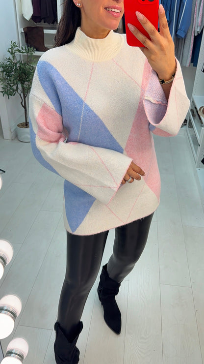 Zonya Argyle Print High Neck Longline Jumper