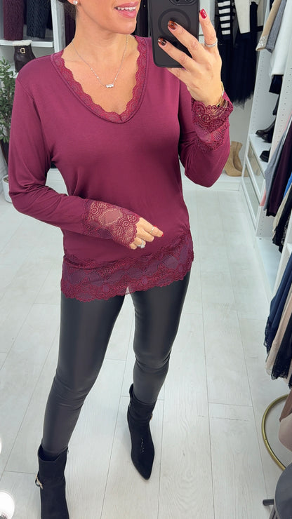 Hadleigh Long Sleeve Lace Trim V Neck Top
