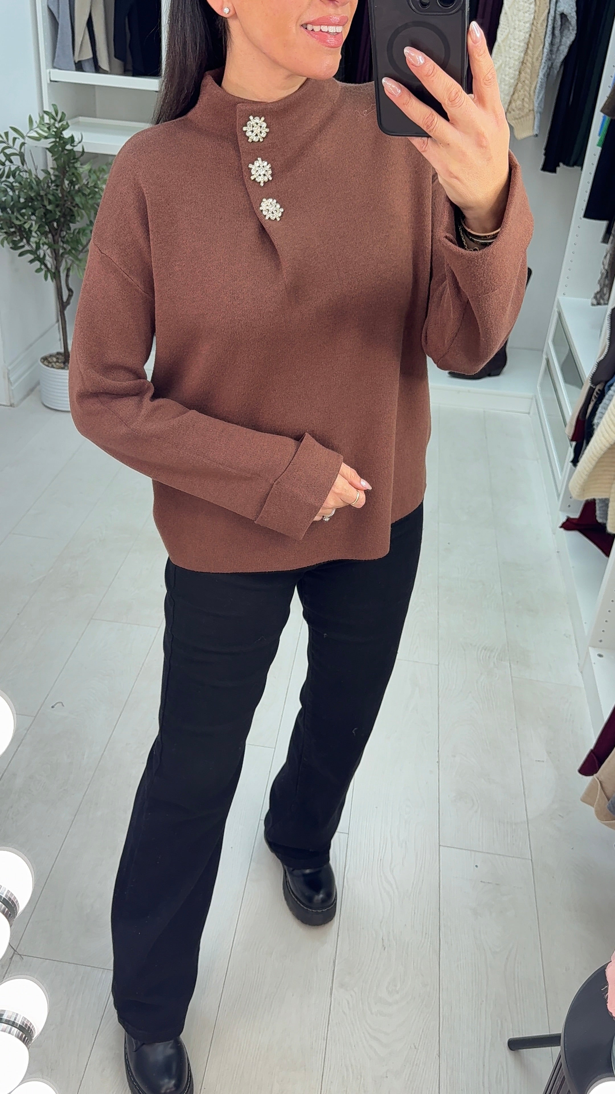 Candie Plain Embellished Button High Neck Jumper