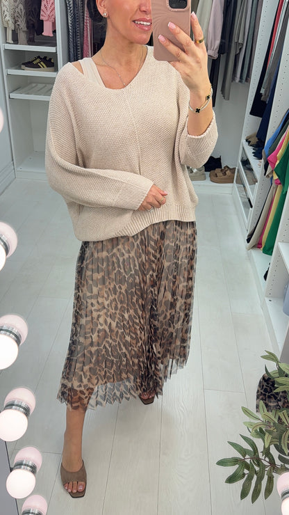 Daniela 2 Piece Knit Top & Pleated Leopard Print Chiffon Dress