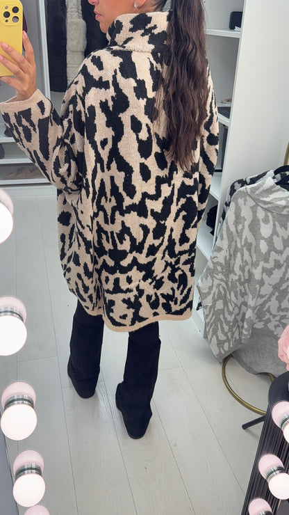 Denisha Leopard Print High Neck Loose Fit Jumper