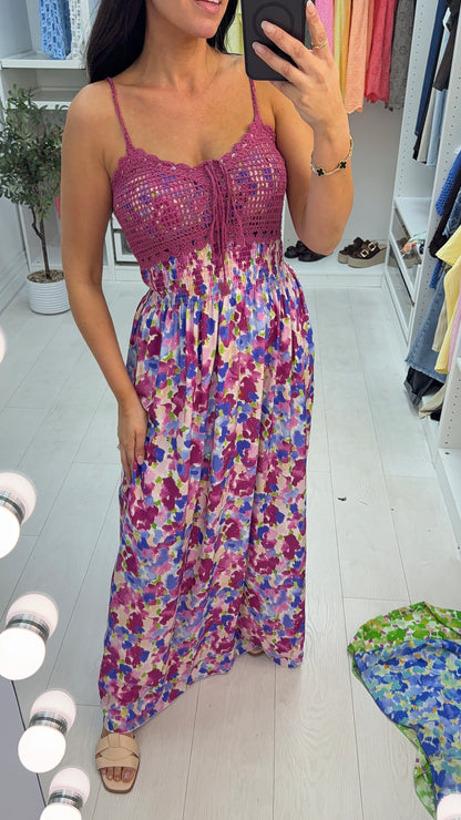 Falisha Watercolour Print Crochet Bust Maxi Dress