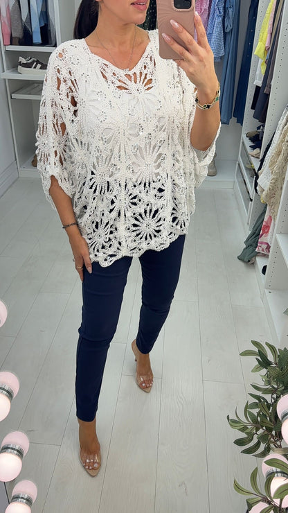 Brigida Crochet Sequin Detailed Batwing Sleeve Top