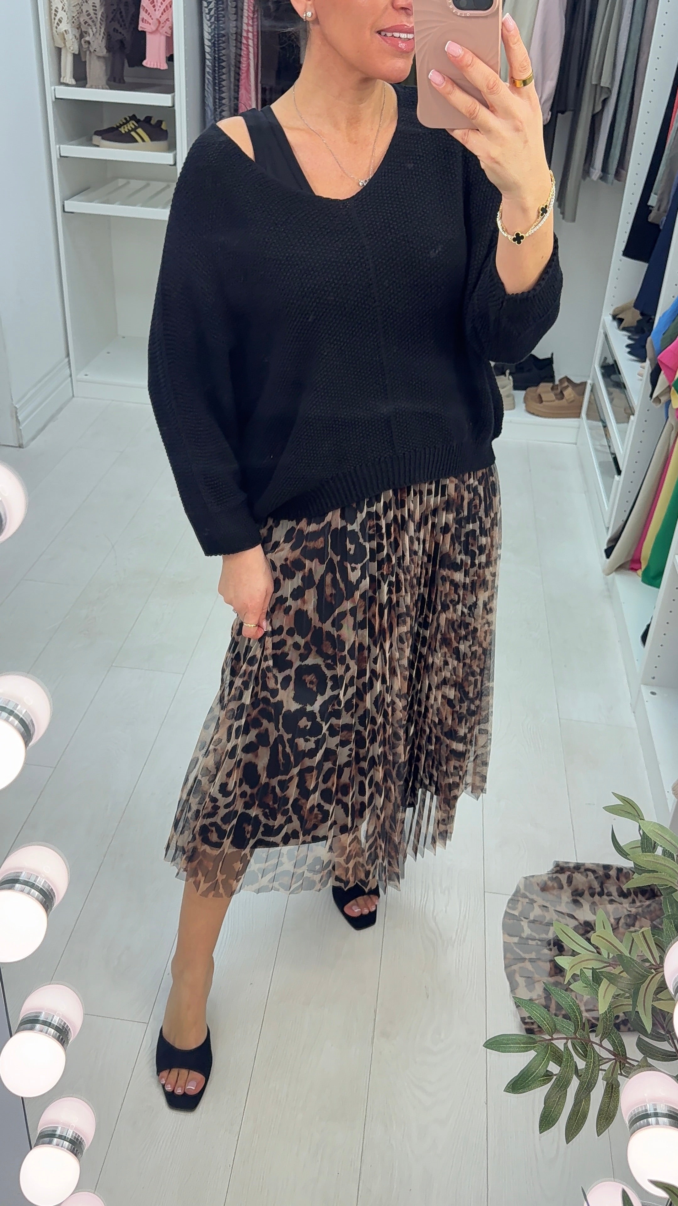 Daniela 2 Piece Knit Top & Pleated Leopard Print Chiffon Dress