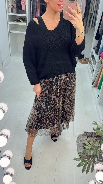 Daniela 2 Piece Knit Top & Pleated Leopard Print Chiffon Dress