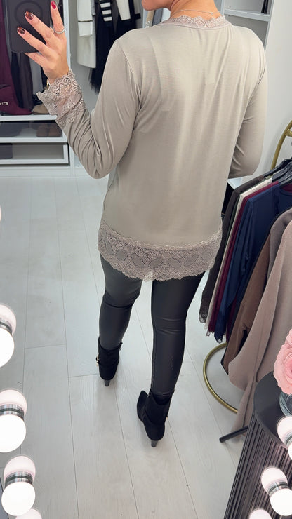 Hadleigh Long Sleeve Lace Trim V Neck Top