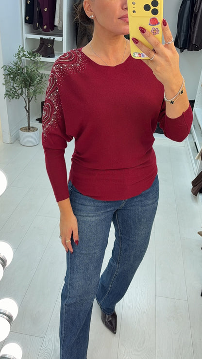 Elvira Plain Embellished Heart Sleeve Jumper