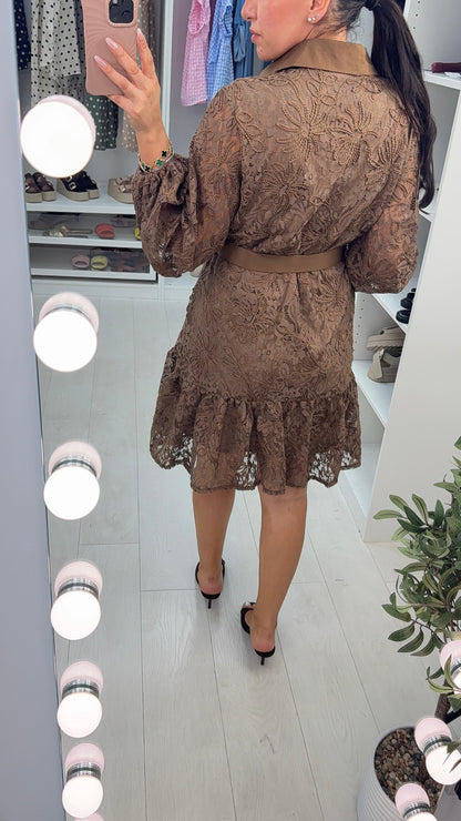 Narcisa Embroidered Lace Belted Smock Dress