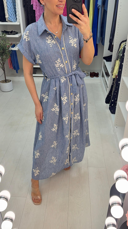 Abbie Floral Embroidered Button Front Shirt Dress