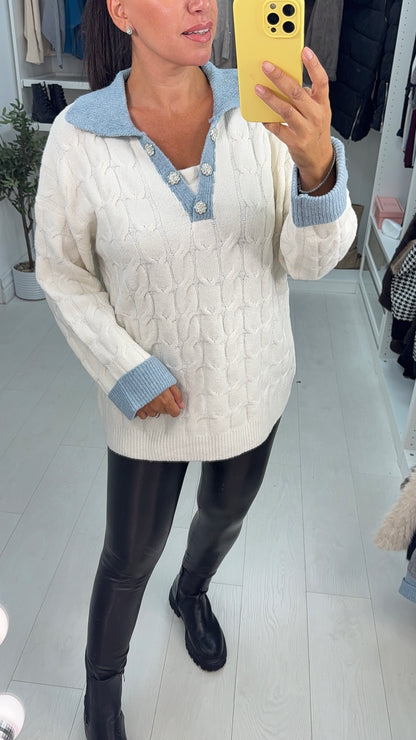 Quince Cable Knit Detailed V Neck Collar Jumper